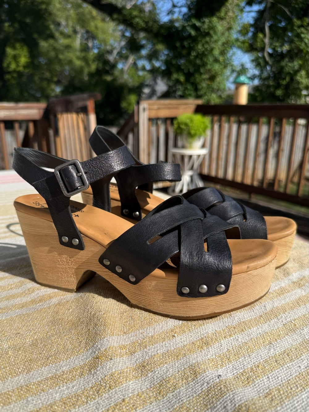 Kork-Ease Black Leather Platform Clogs with Buckle Strap
